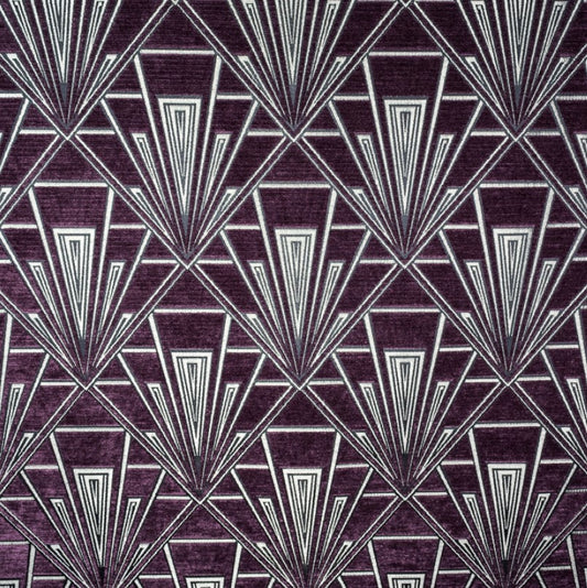 Tempo Astoria fabric in purple and silver with an Art Deco geometric pattern, ideal for upholstery and curtains with a luxurious chenille texture.