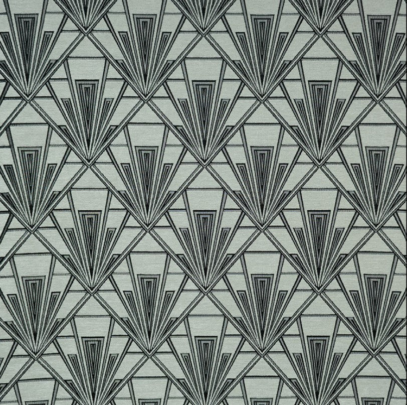 Tempo Deskey fabric in Art Deco geometric chenille pattern, featuring grey and silver tones ideal for upholstery and curtains.