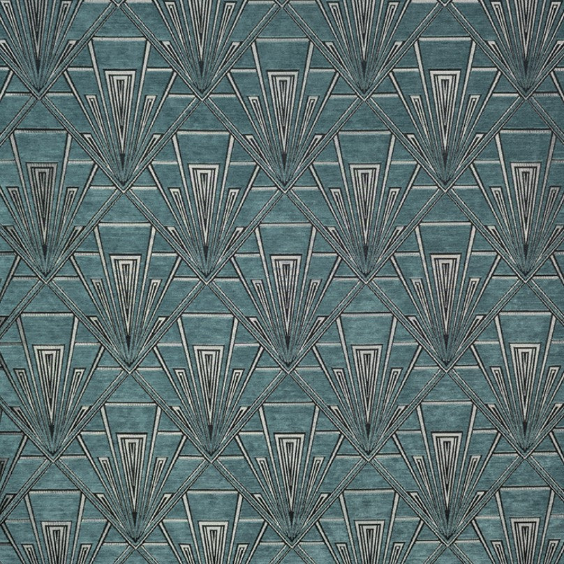 Tempo Gimbels fabric in Art Deco chenille with a geometric pattern in green, grey, and silver tones, ideal for upholstery and curtains.