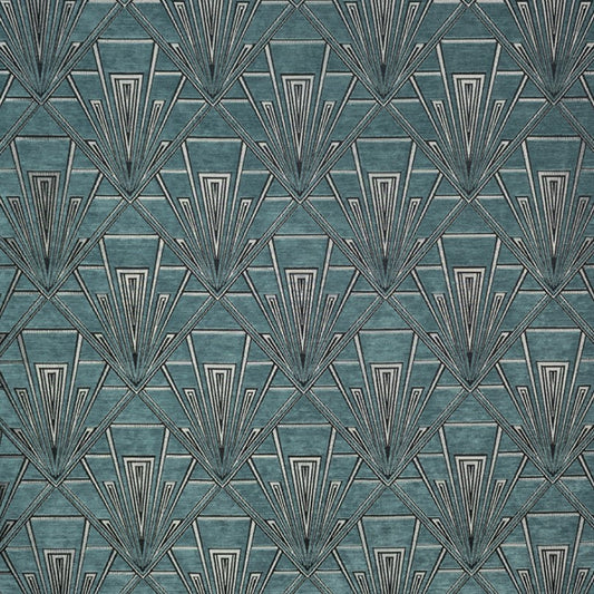 Tempo Gimbels fabric in Art Deco chenille with a geometric pattern in green, grey, and silver tones, ideal for upholstery and curtains.