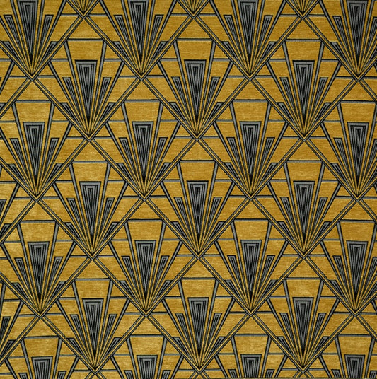 Tempo Harper fabric in Art Deco chenille with a geometric pattern in yellow, grey, and silver tones. Ideal for upholstery and curtains.