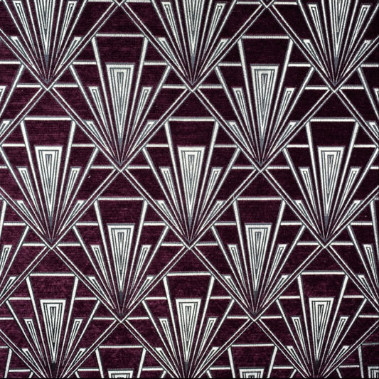 Tempo Hoffman fabric in Art Deco geometric pattern with luxurious purple chenille and silver accents, ideal for upholstery and curtains.