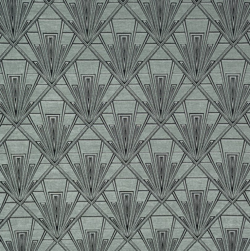 Tempo Jackson fabric in grey and silver with an Art Deco geometric pattern, ideal for upholstery and curtains with a luxurious chenille texture.