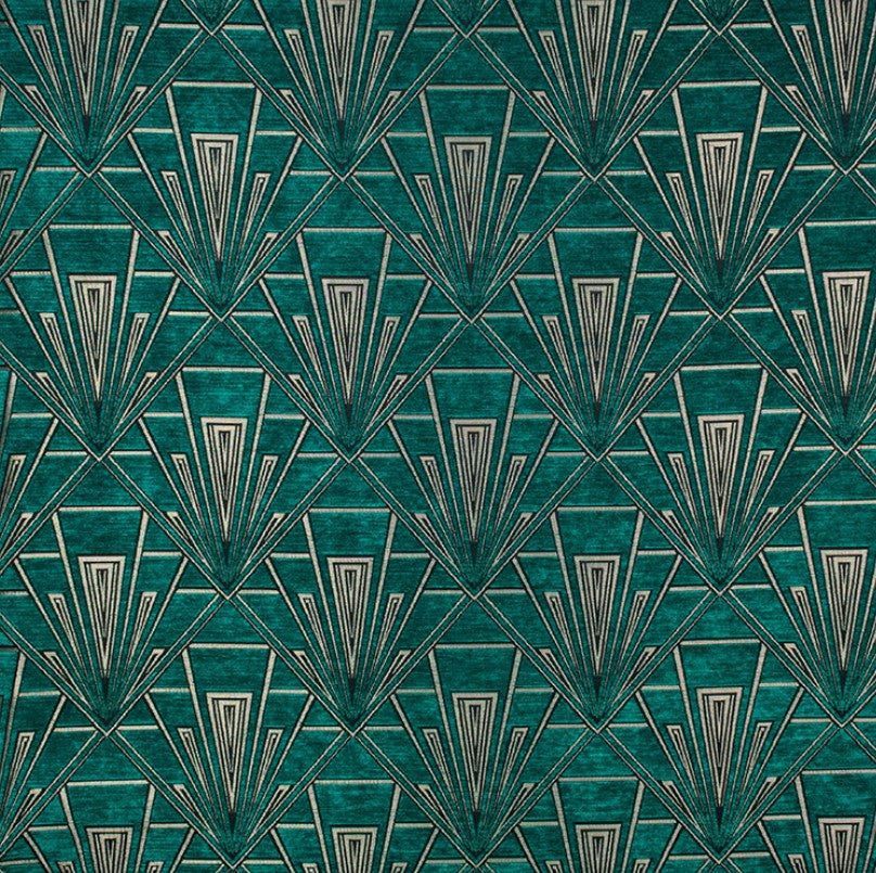 Tempo Lalique fabric in green and silver with an Art Deco geometric pattern, featuring a luxurious chenille texture for upholstery and curtains.