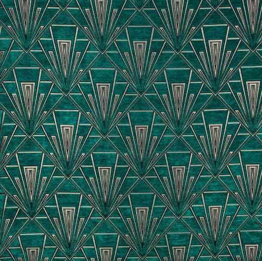 Tempo Lalique fabric in green and silver with an Art Deco geometric pattern, featuring a luxurious chenille texture for upholstery and curtains.