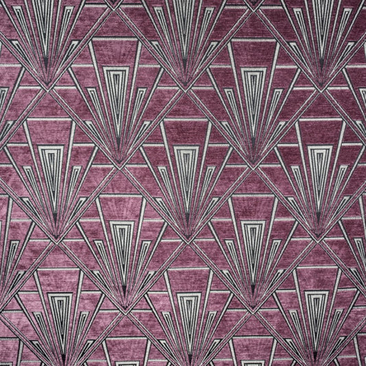 Tempo Mackintosh fabric in pink, purple, and silver chenille with an Art Deco geometric pattern. Ideal for upholstery and curtains.