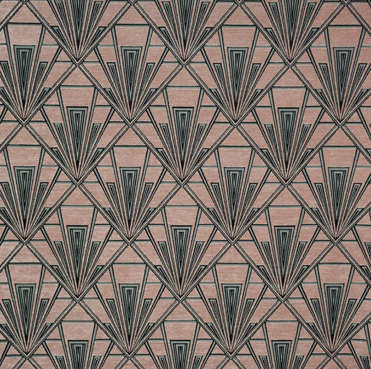 Tempo Temple fabric featuring an Art Deco geometric pattern in grey, pink, and silver chenille. Ideal for upholstery and curtains.