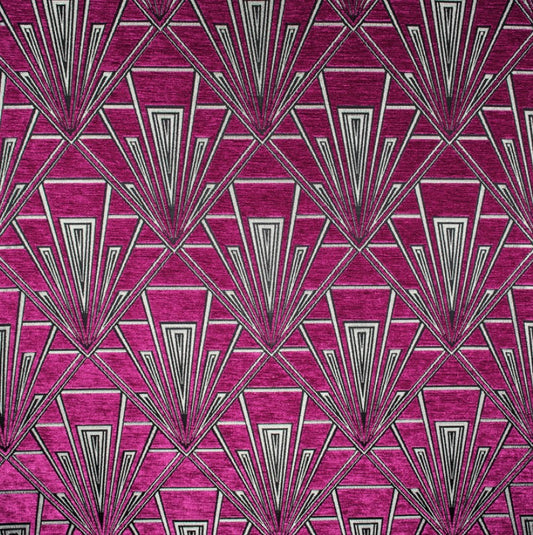 Tempo Tiffany fabric in pink and silver with an Art Deco geometric pattern, ideal for upholstery and curtains with a luxurious chenille texture.