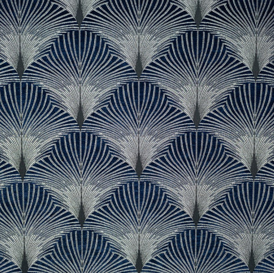 Jazz Time art deco fabric in blue and silver chenille with intricate fan-like patterns, ideal for upholstery and elegant home decor.