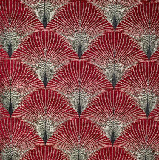 Jazz Union art deco fabric in red chenille with intricate fan-like patterns, ideal for upholstery and elegant home decor projects.