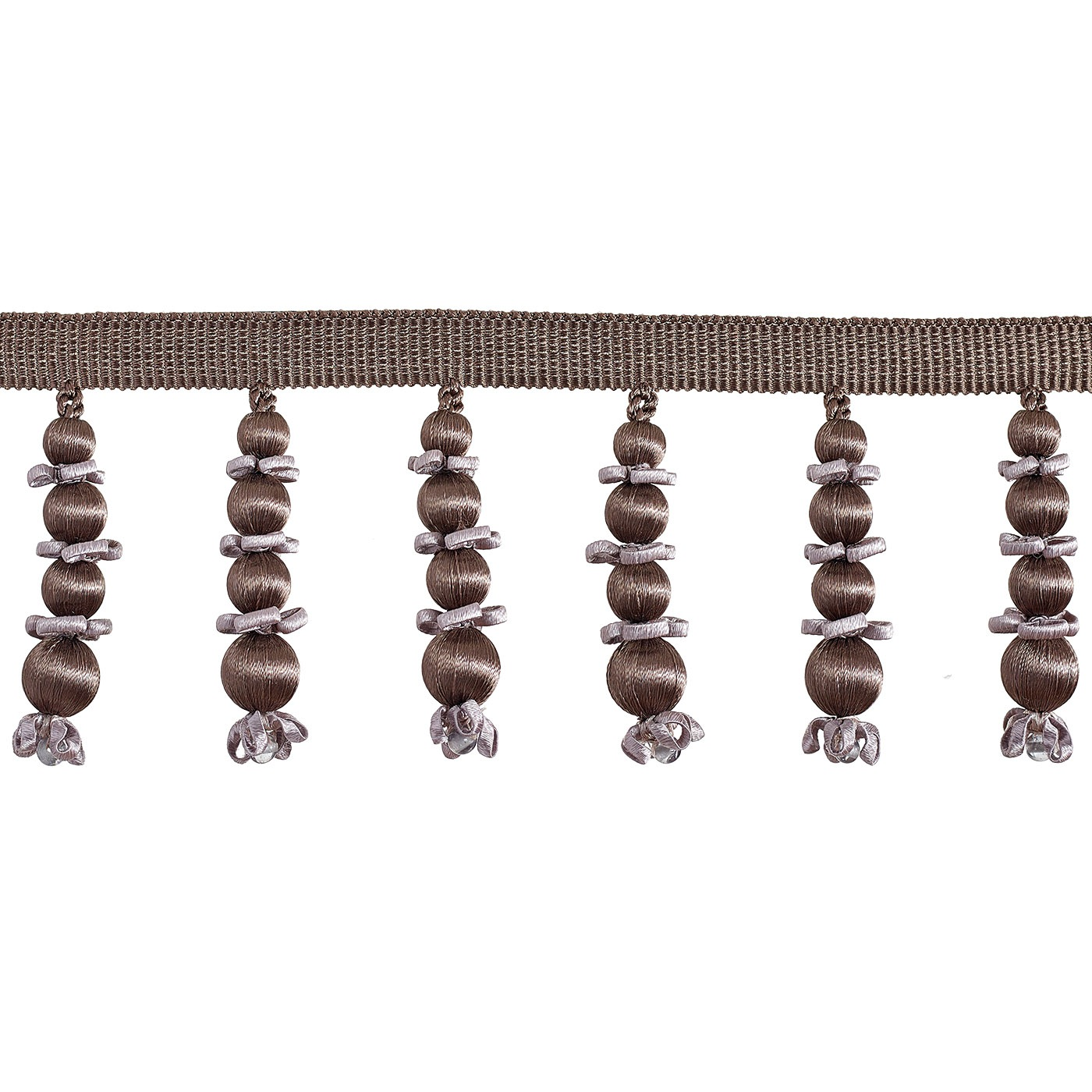 Decorative trim with beads and ribbons on a brown ribbon against a white background