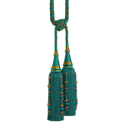 Decorative tassel tieback with green and gold colours on a white background