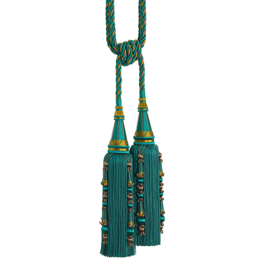 Decorative tassel tieback with green and gold colours on a white background