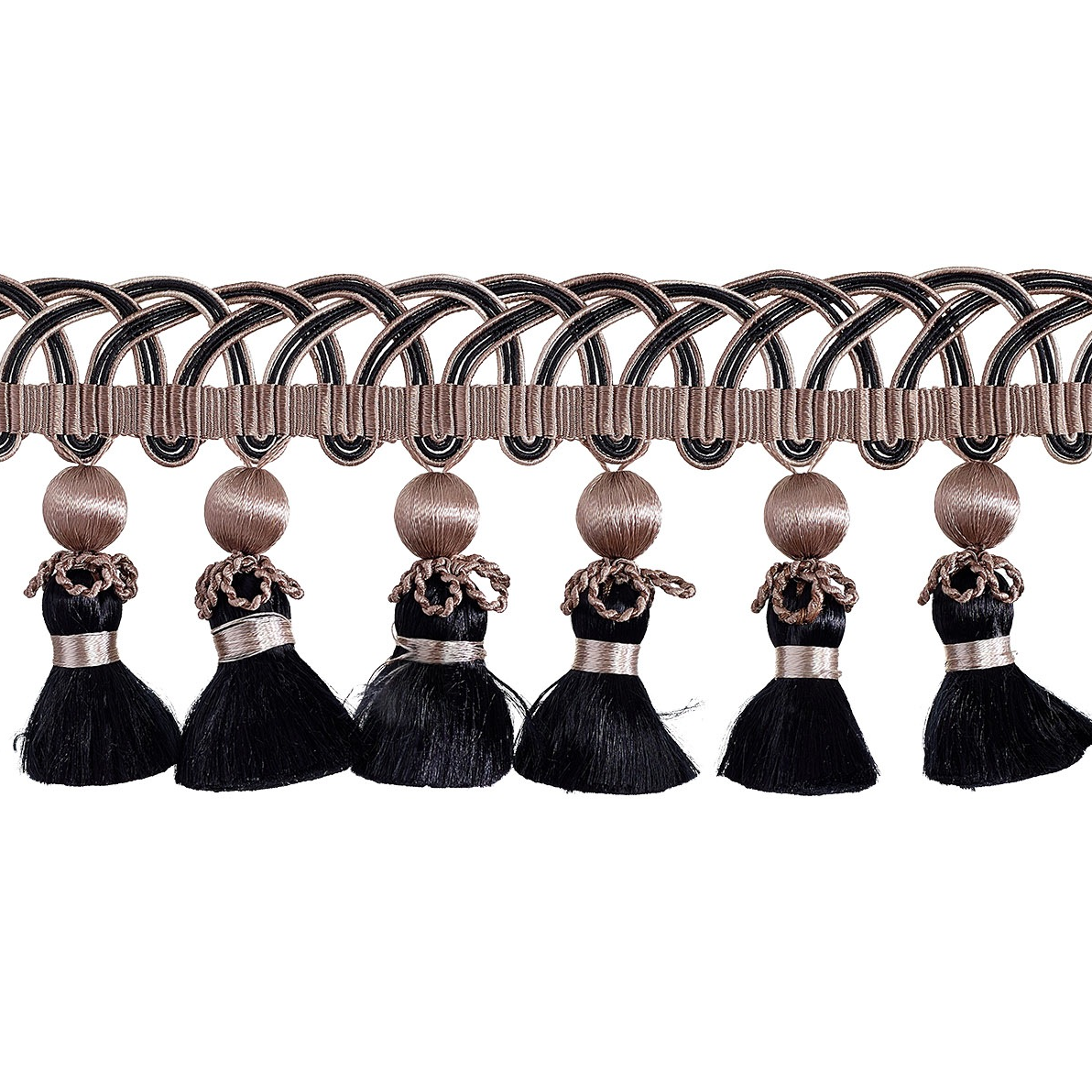 Valenza Looped Gimp Beaded Tassel Fringe 75mm Trim Black Truffle