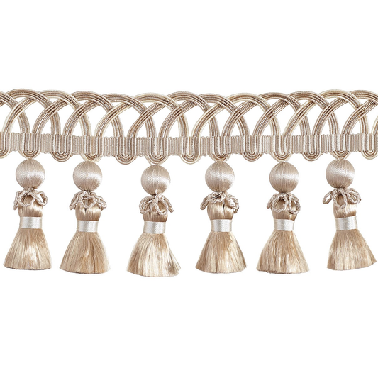 Valenza Looped Gimp Beaded Tassel Fringe 75mm Trim French Beige