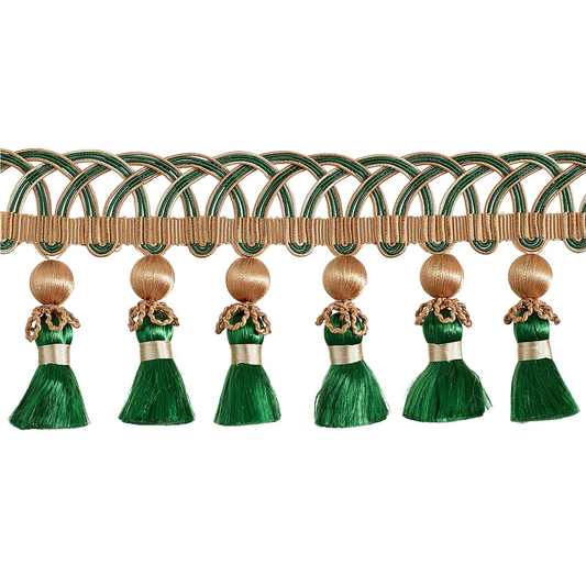 Valenza Looped Gimp Beaded Tassel Fringe 75mm Trim Medici Green