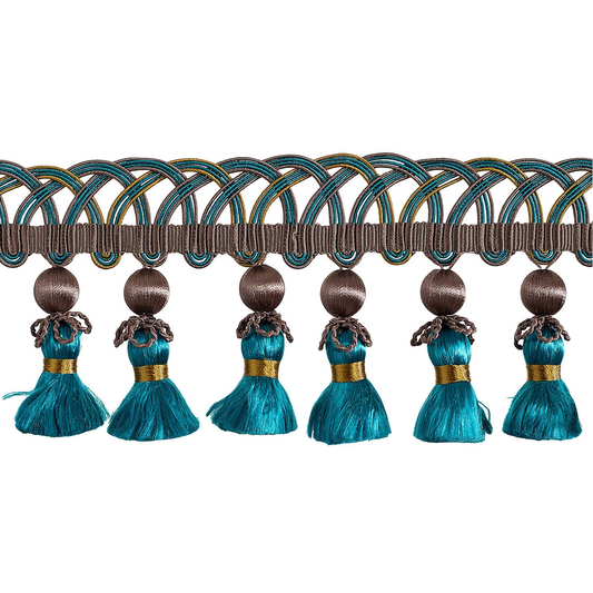 Valenza Looped Gimp Beaded Tassel Fringe 75mm Trim Verdigris Royale