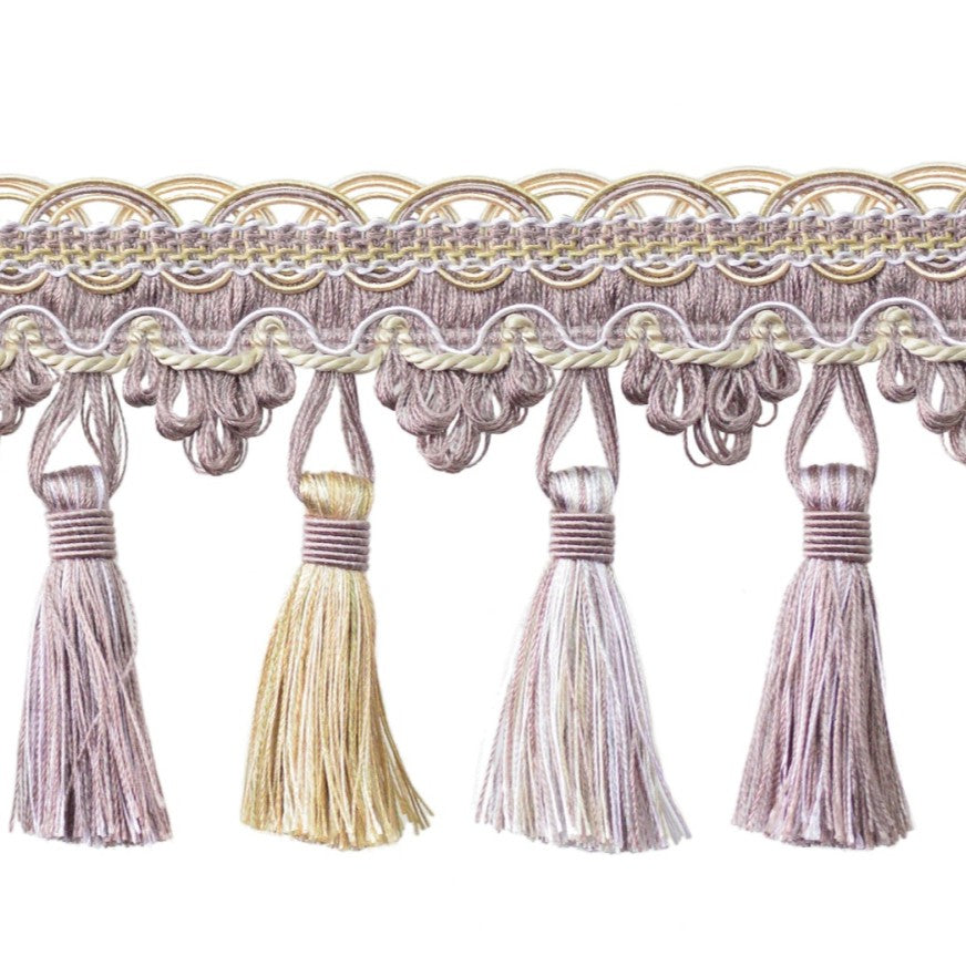 Verona Tassel Fringe Trim in blush with scalloped header, elegant tassels, and delicate gimp detailing. Ideal for curtain accessories and soft furnishings.