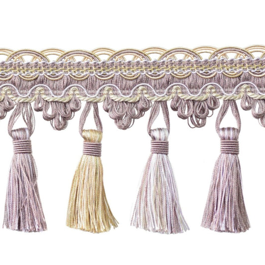 Verona Tassel Fringe Trim in blush with scalloped header, elegant tassels, and delicate gimp detailing. Ideal for curtain accessories and soft furnishings.