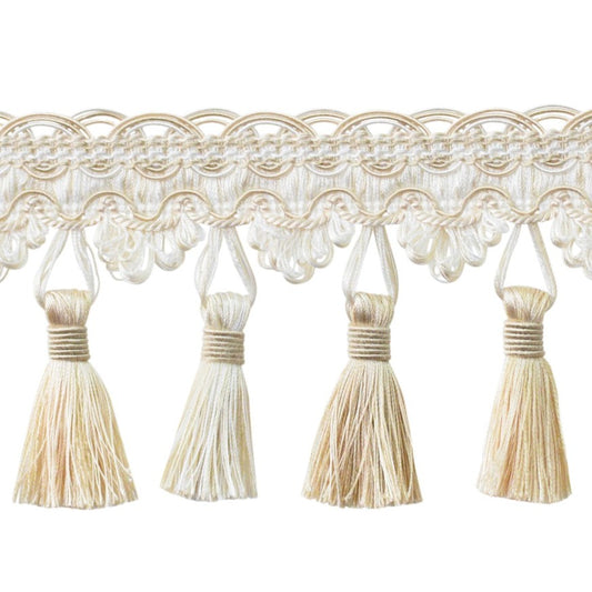 Verona Tassel Fringe Trim in cream with scalloped header and elegant tassels. Perfect for enhancing curtains and soft furnishings with luxury.