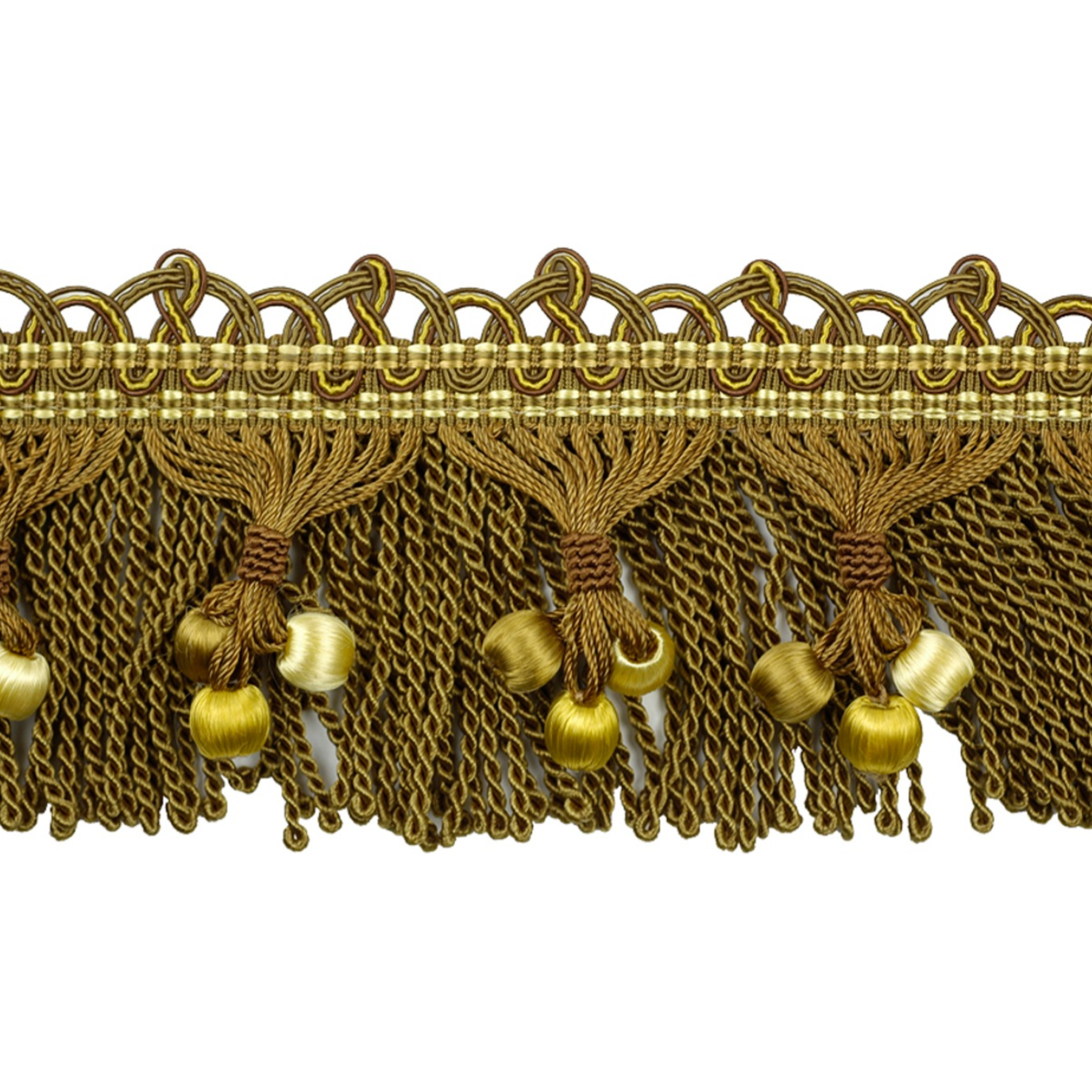 Decorative gold fringe with tassels on a white background