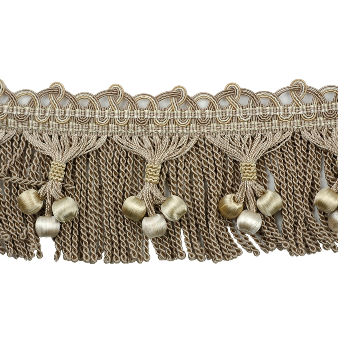 Decorative lace trim with tassels and beads on a white background