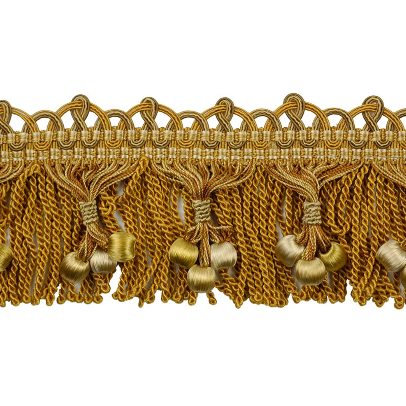 Gold decorative fringe trim on a white background