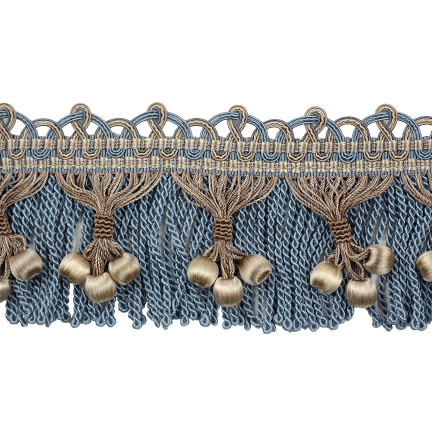 Decorative fabric trim with blue and gold tassels on a white background