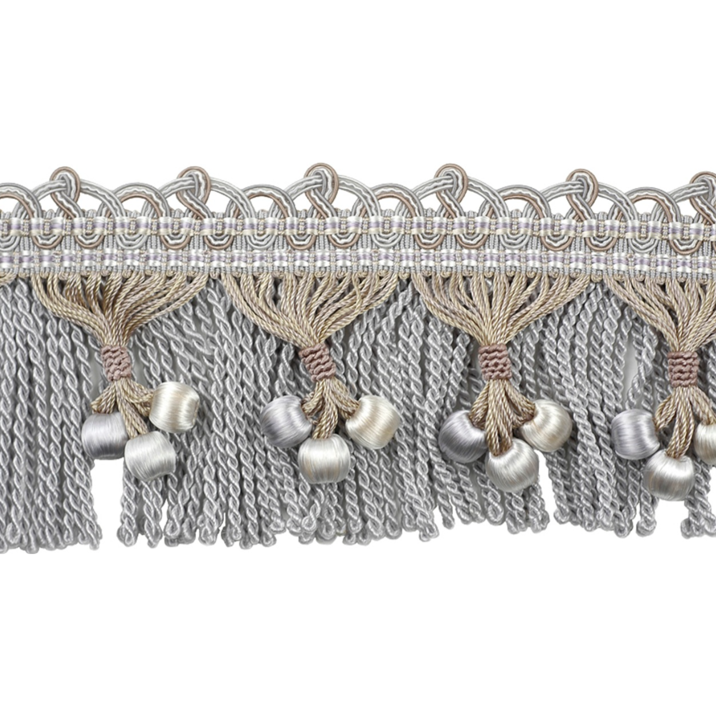 Decorative lace trim with tassels and pearls on a white background