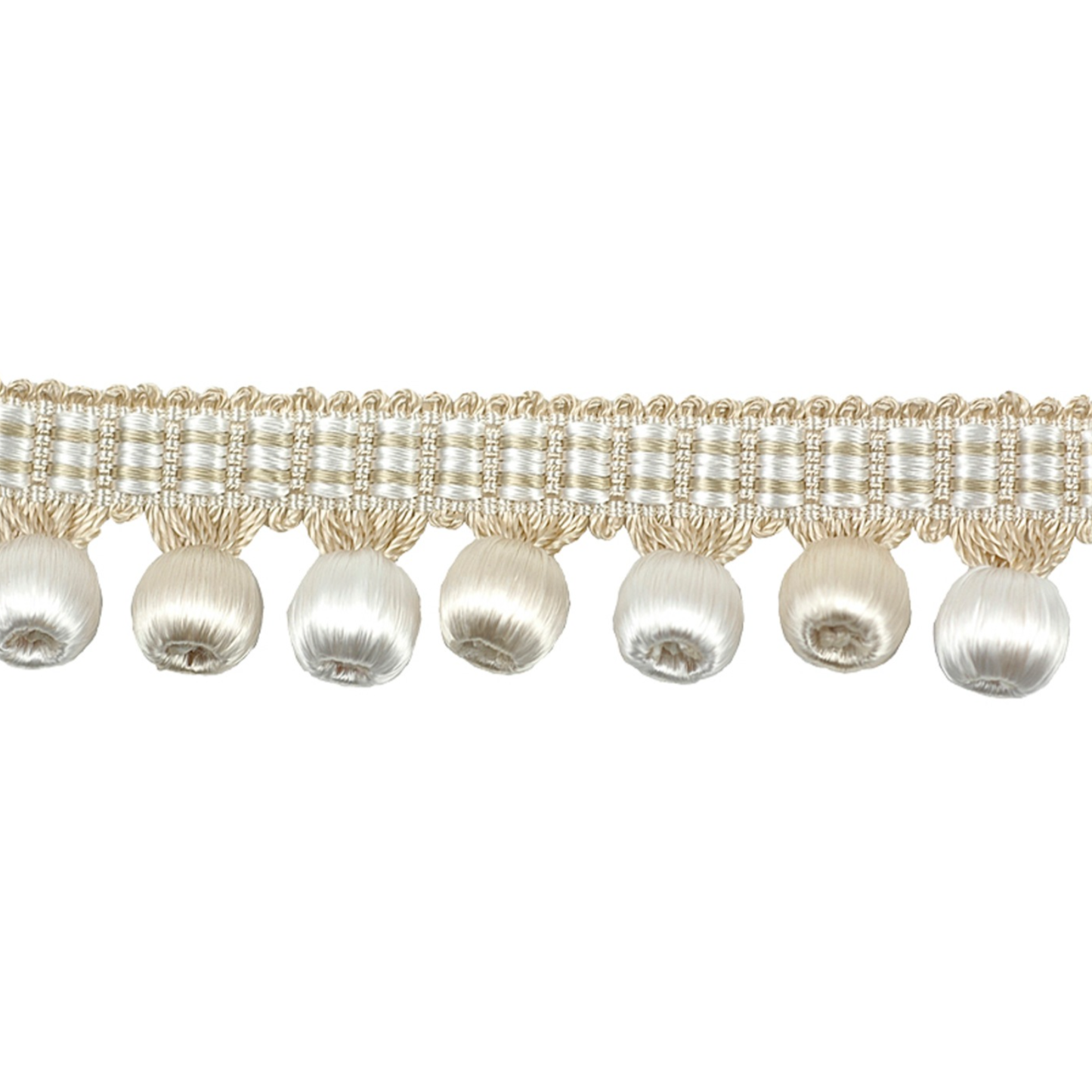 Decorative trim with pearls and gold fringe on a white background