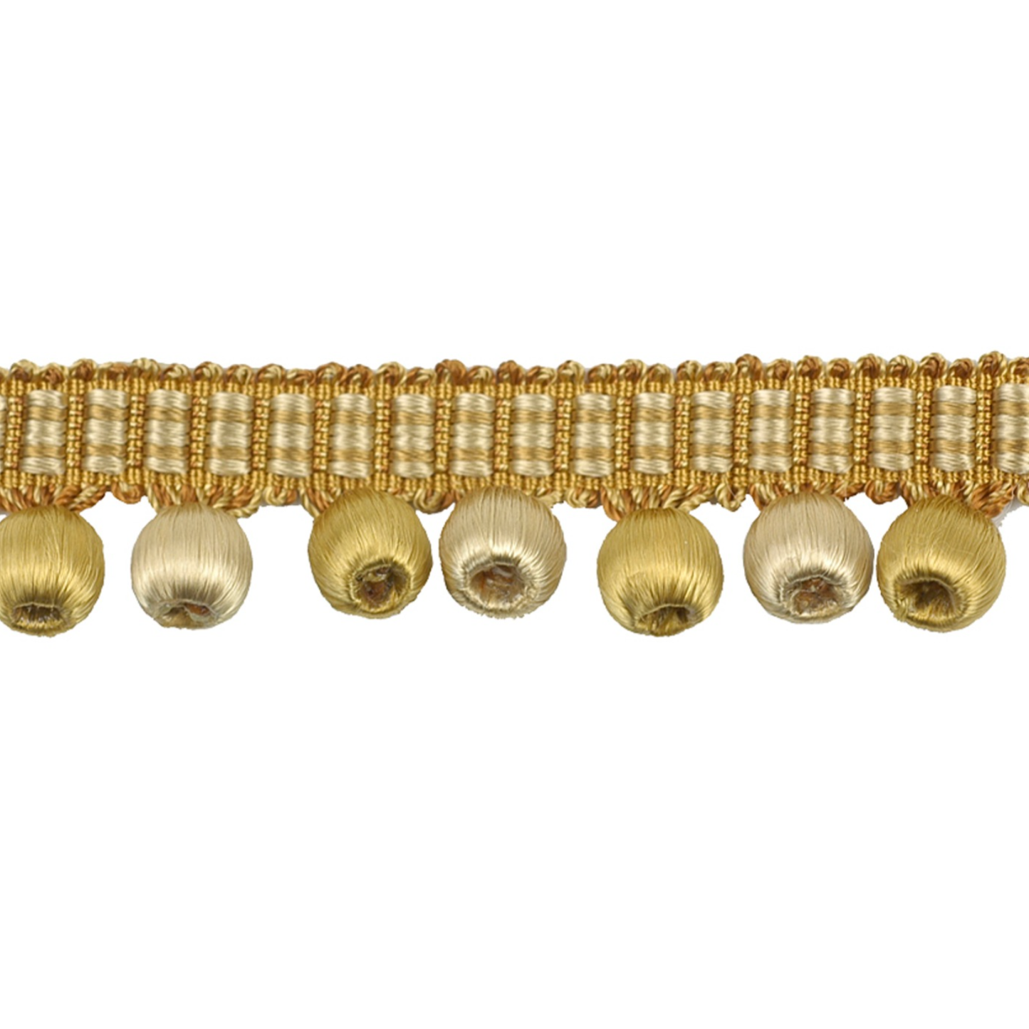 Gold decorative trim with beads on a white background
