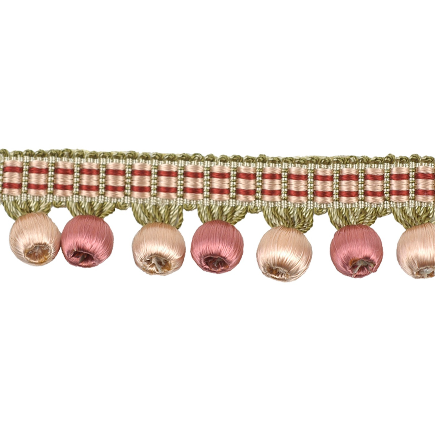 Decorative trim with plaid pattern and pink beads on a white background