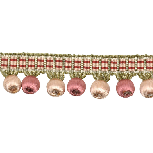 Decorative trim with plaid pattern and pink beads on a white background