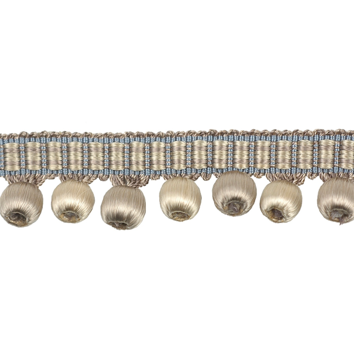 Decorative trim with metallic fringe and spherical beads on a white background