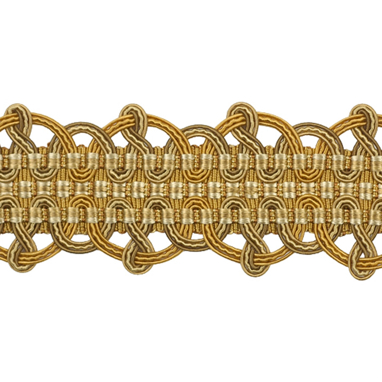 Decorative gold lace trim on a white background