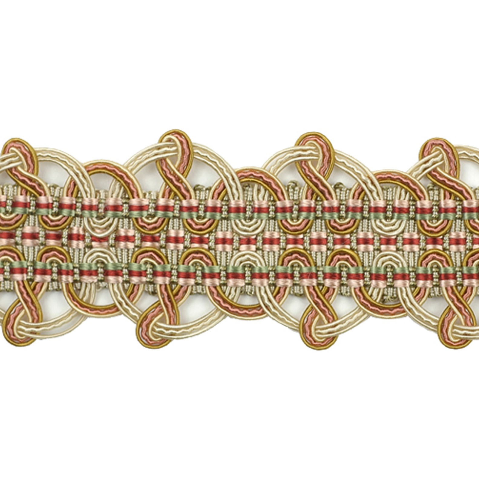 Decorative ribbon with red, gold, and beige pattern on a white background