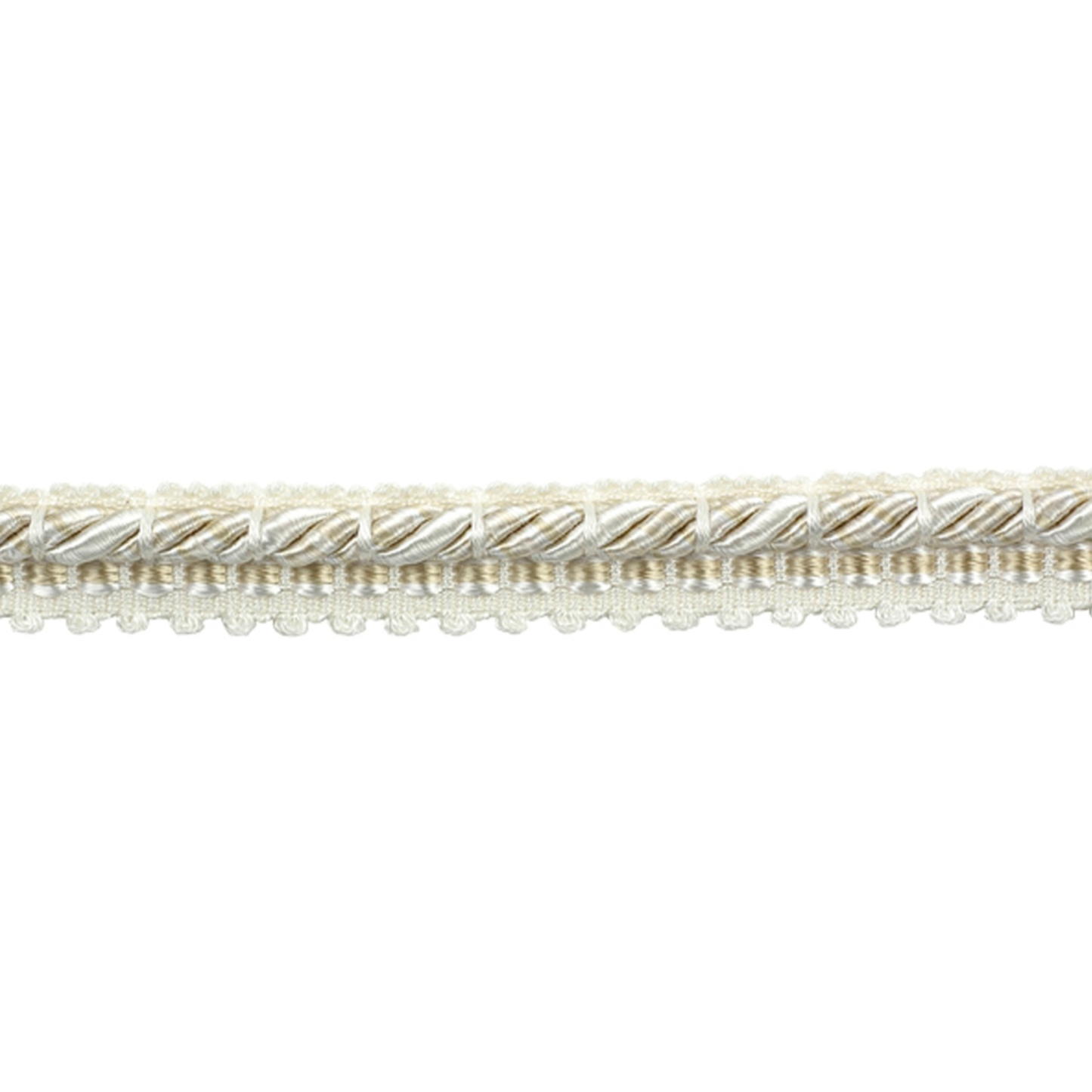 Decorative gimp cord with metallic and pearl-like texture on a white background