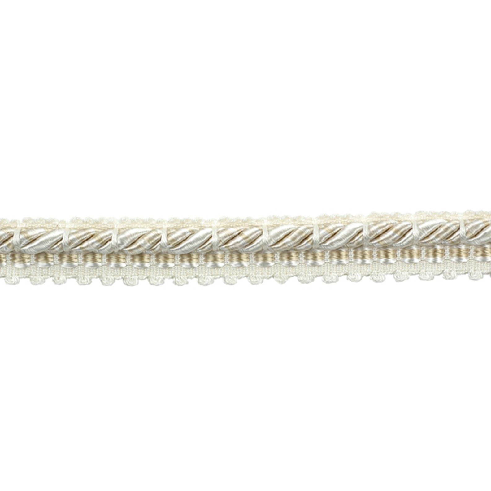 Decorative gimp cord with metallic and pearl-like texture on a white background