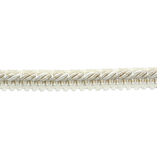 Decorative gimp cord with metallic and pearl-like texture on a white background