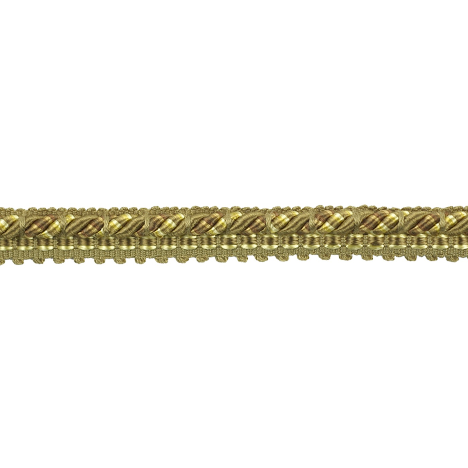 Gold decorative gimp trim on a white background