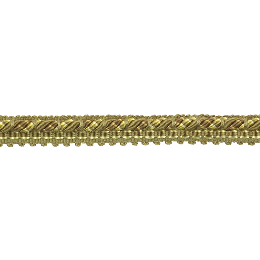 Gold decorative gimp trim on a white background