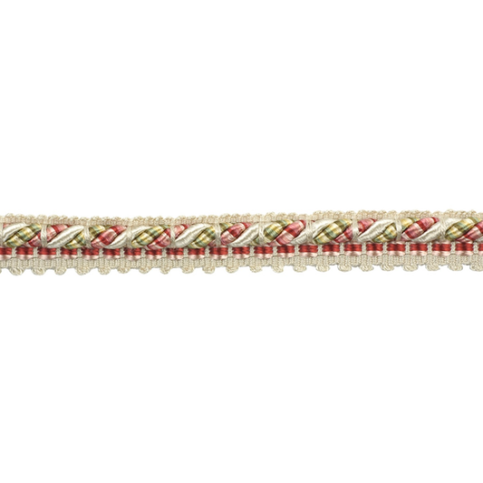 Decorative gimp trim with gold, red, and beige colours on a white background