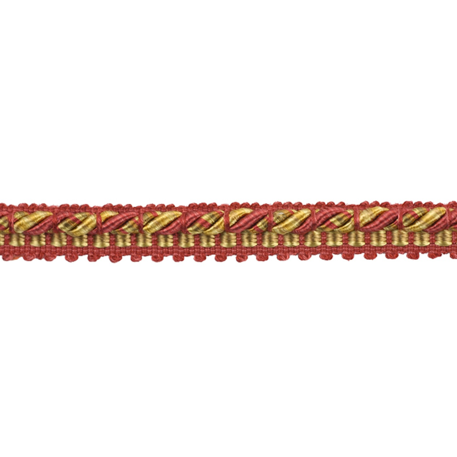 Red and gold braided trim on a white background