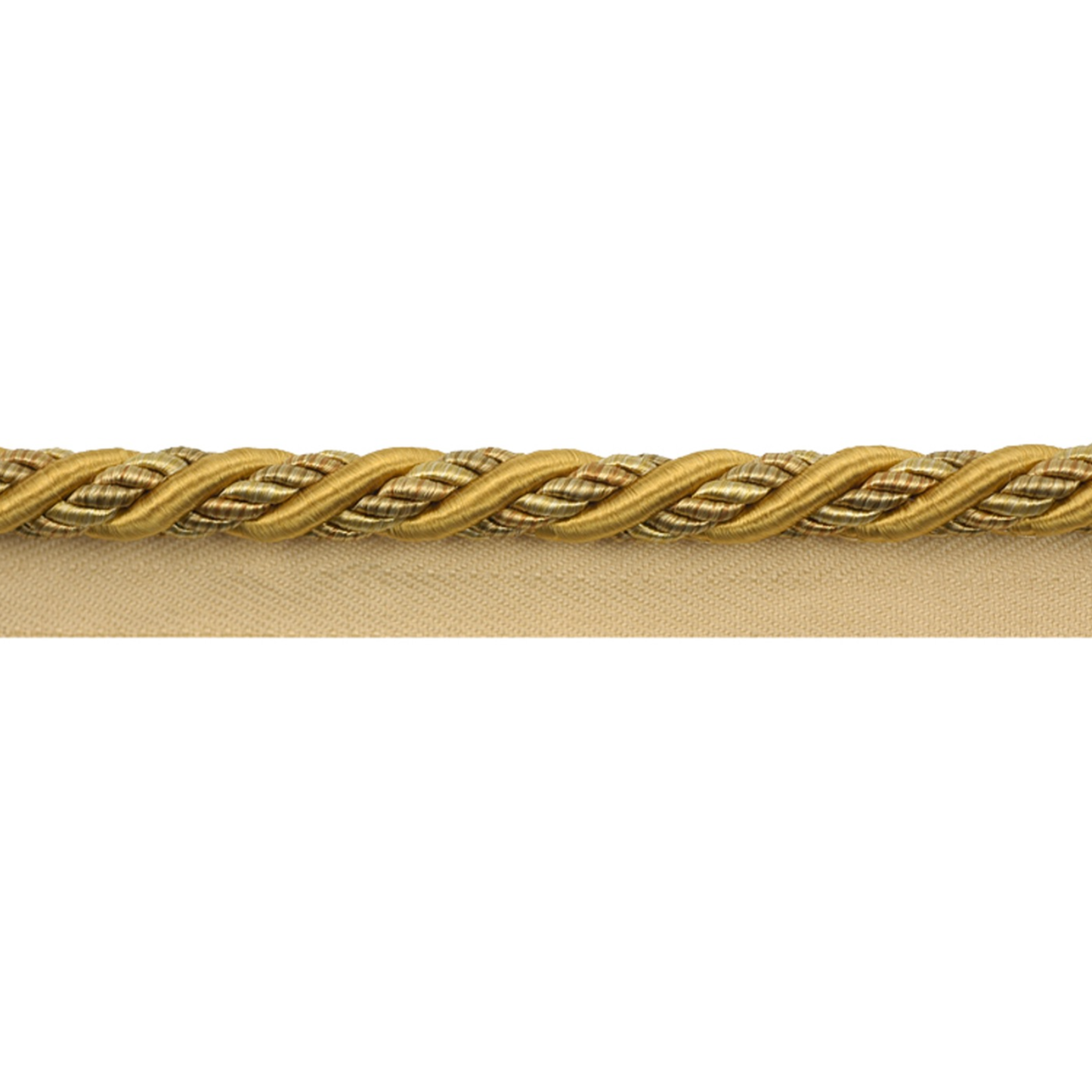Gold braided trim on a beige fabric background
