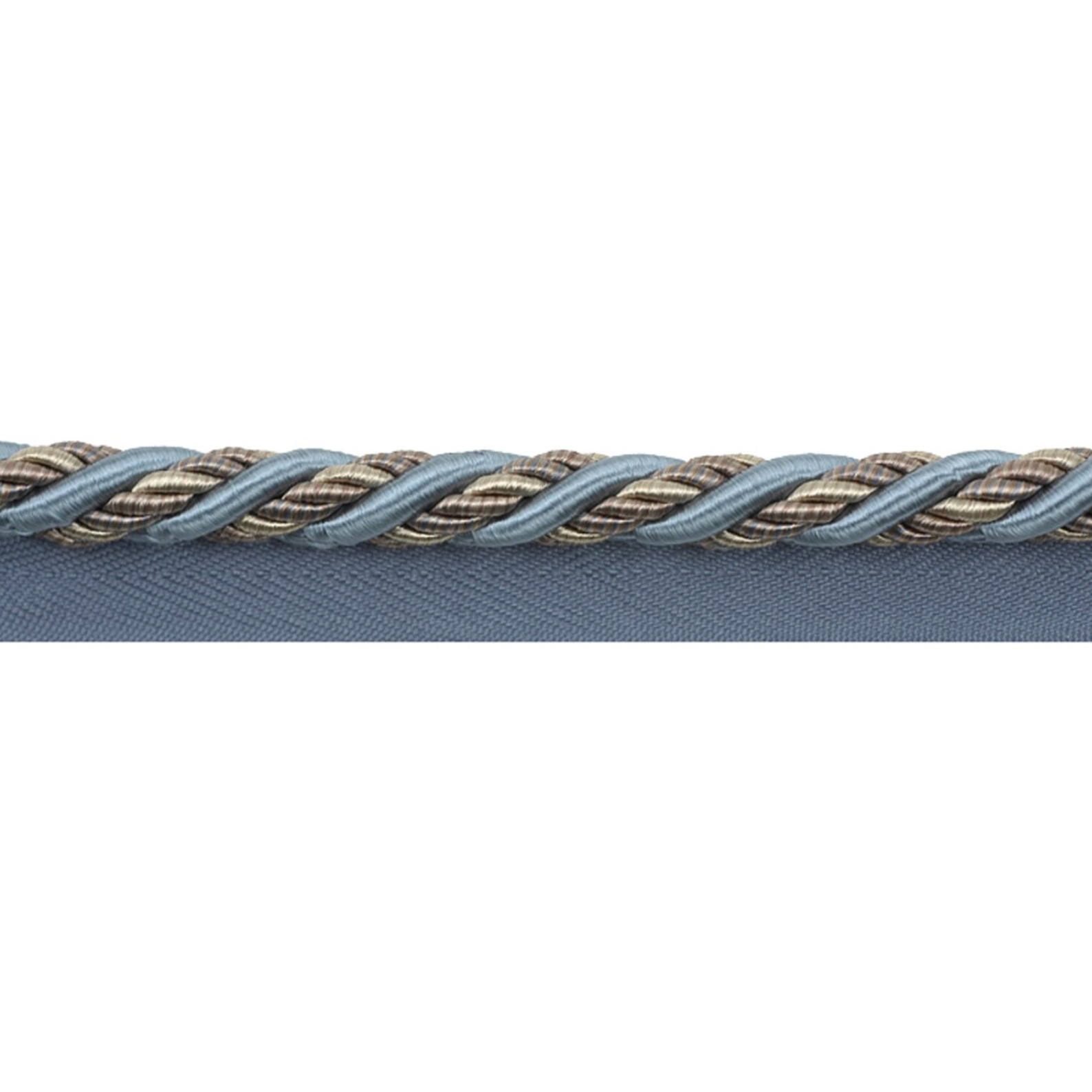 Close-up of blue piping cord with silver braid on a white background
