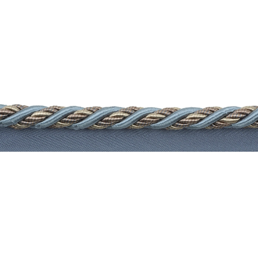 Close-up of blue piping cord with silver braid on a white background
