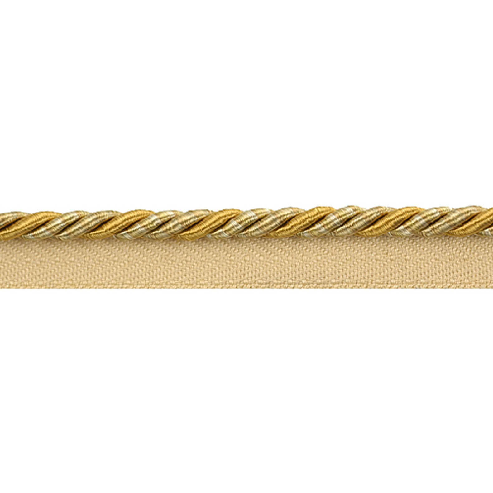 Gold pipping cord with a textured pattern on a beige background