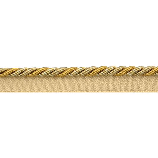 Gold pipping cord with a textured pattern on a beige background