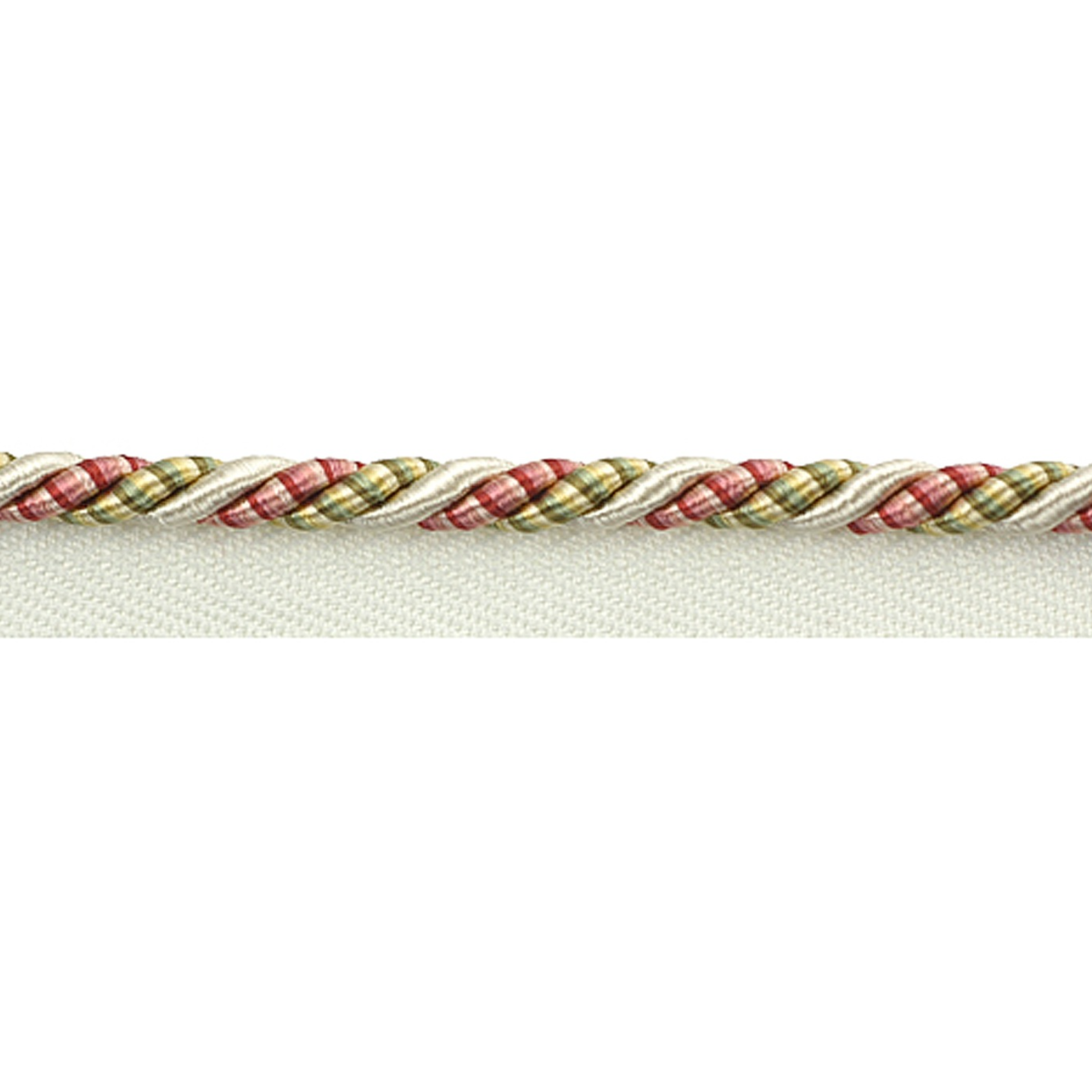 Close-up of a braided trim with red, gold, and green colours on a white background