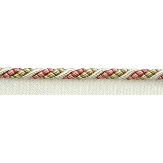 Close-up of a braided trim with red, gold, and green colours on a white background
